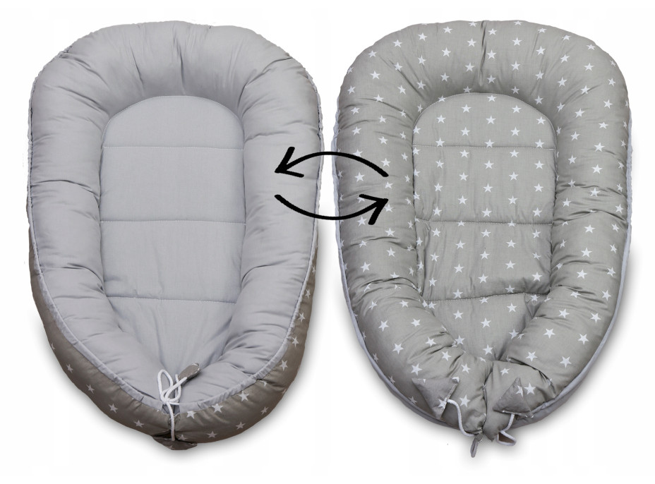 Oboustranné hnízdečko (kokon) pro miminko - BABYMAM PREMIUM set 7v1 - Malé bílé hvězdičky s šedou minky