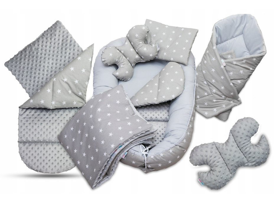 Oboustranné hnízdečko (kokon) pro miminko - BABYMAM PREMIUM set 7v1 - Malé bílé hvězdičky s šedou minky