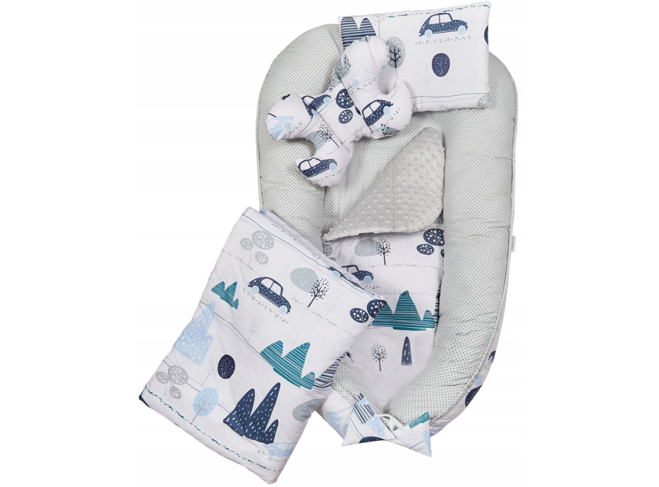 Oboustranné hnízdečko (kokon) pro miminko - BABYMAM PREMIUM set 7v1 - Retro autíčka s šedou minky