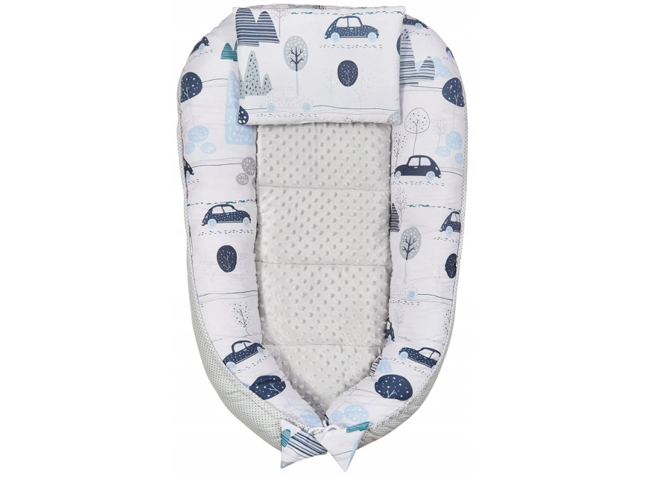 Oboustranné hnízdečko (kokon) pro miminko - BABYMAM PREMIUM set 7v1 - Retro autíčka s šedou minky