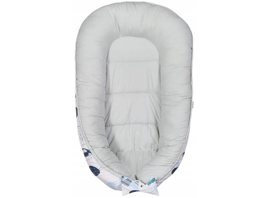 Oboustranné hnízdečko (kokon) pro miminko - BABYMAM PREMIUM set 7v1 - Retro autíčka s šedou minky
