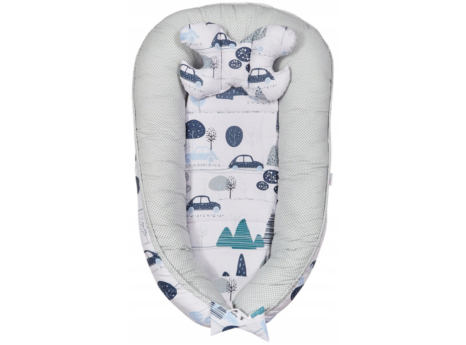 Oboustranné hnízdečko (kokon) pro miminko - BABYMAM PREMIUM set 7v1 - Retro autíčka s šedou minky