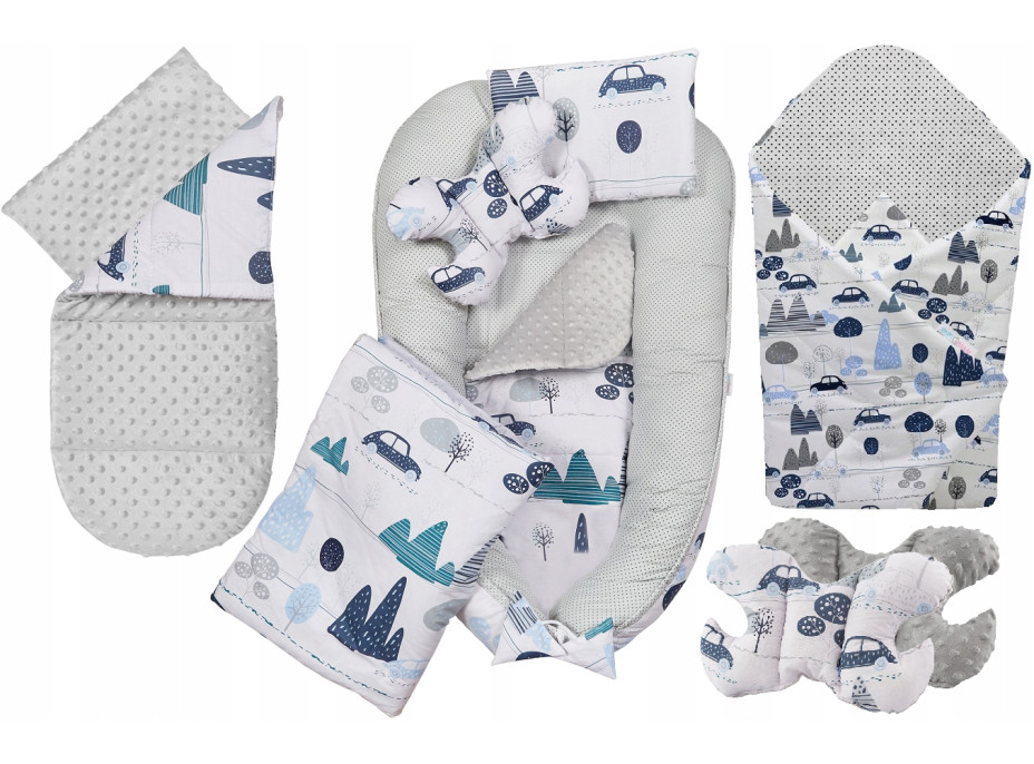 Oboustranné hnízdečko (kokon) pro miminko - BABYMAM PREMIUM set 7v1 - Retro autíčka s šedou minky