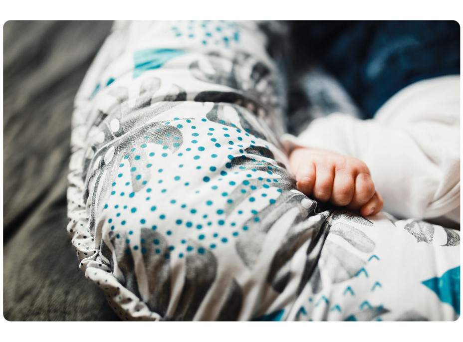Oboustranné hnízdečko (kokon) pro miminko - BABYMAM PREMIUM set 7v1 - Vzory a listy s šedou minky