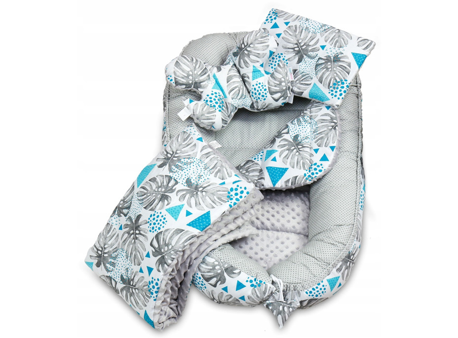 Oboustranné hnízdečko (kokon) pro miminko - BABYMAM PREMIUM set 7v1 - Vzory a listy s šedou minky