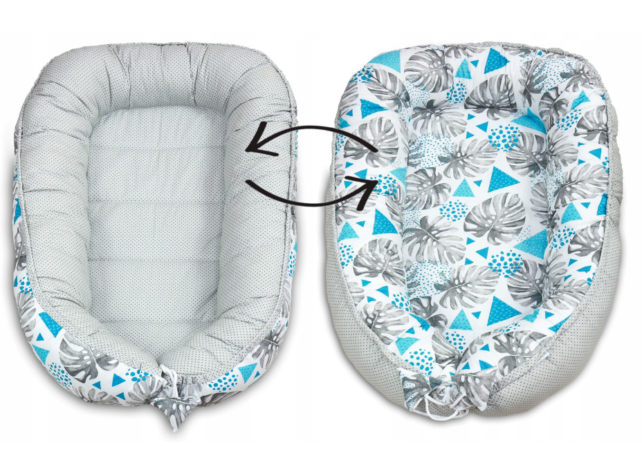 Oboustranné hnízdečko (kokon) pro miminko - BABYMAM PREMIUM set 7v1 - Vzory a listy s šedou minky