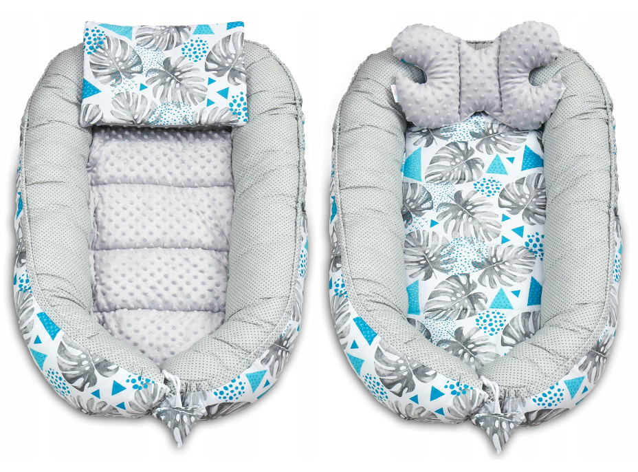 Oboustranné hnízdečko (kokon) pro miminko - BABYMAM PREMIUM set 7v1 - Vzory a listy s šedou minky