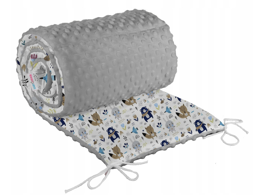 Ochranný mantinel do postýlky 180x30 cm BABYMAM PREMIUM - Boho zvířátka s šedou minky