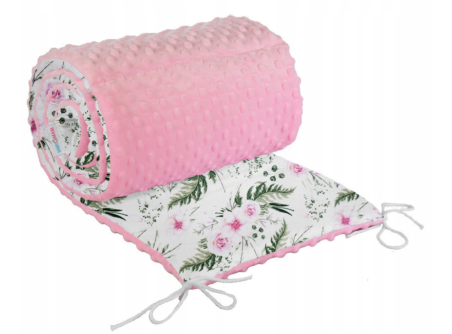 Ochranný mantinel do postýlky 180x30 cm BABYMAM PREMIUM - Květy v zahradě s růžovou minky