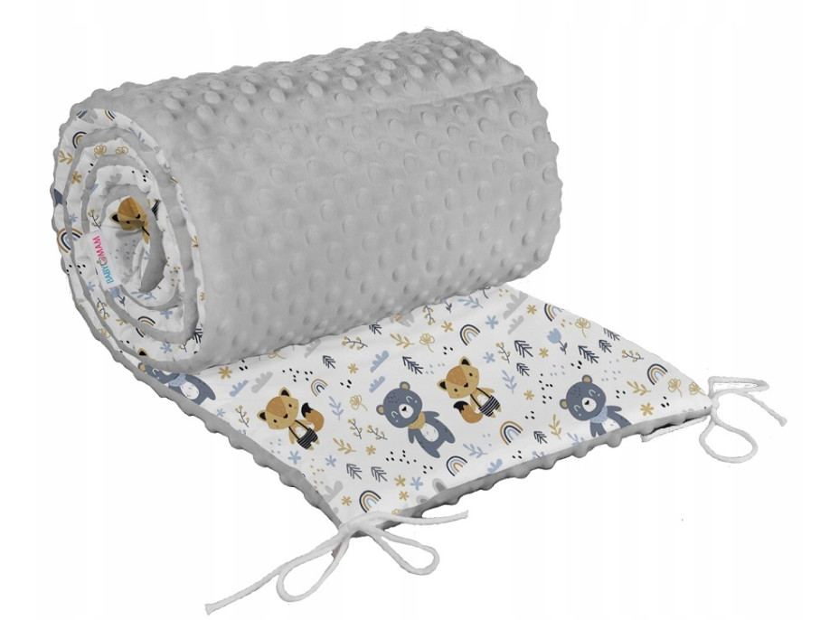 Ochranný mantinel do postýlky 180x30 cm BABYMAM PREMIUM - Lesní zvířátka s šedou minky