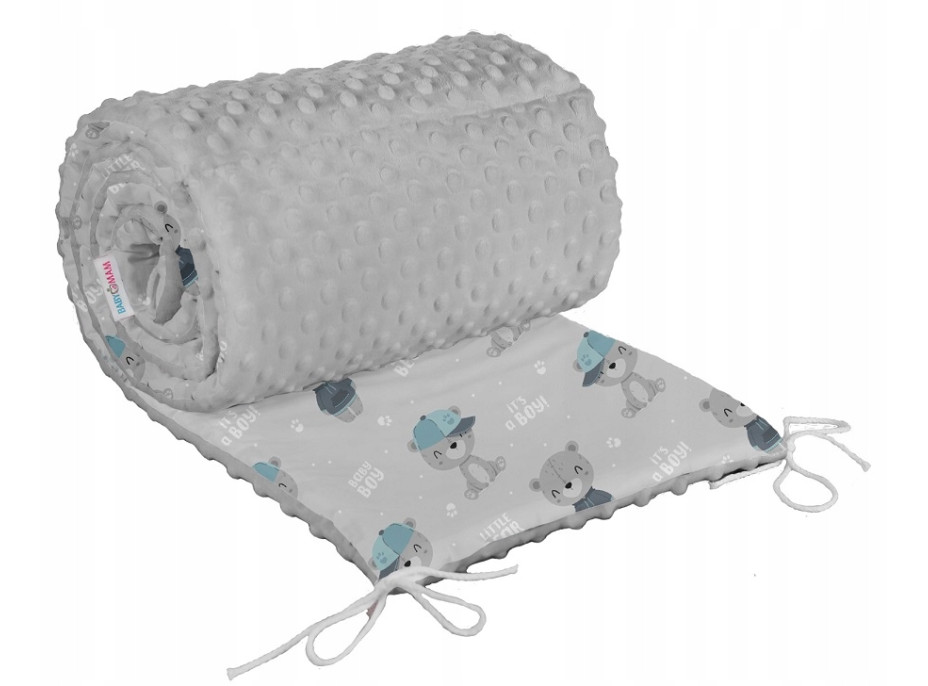Ochranný mantinel do postýlky 180x30 cm BABYMAM PREMIUM - Malý medvídek s šedou minky