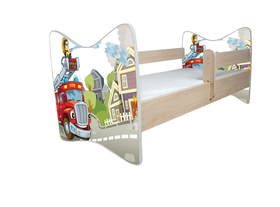 Dětská postel DELUXE - HASIČSKÉ AUTO 138x64 cm - dub sonoma + MATRACE
