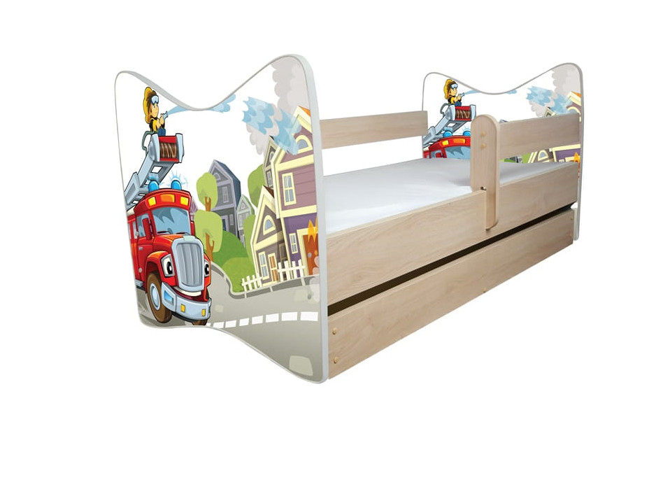 Dětská postel DELUXE - HASIČSKÉ AUTO 138x64 cm - dub sonoma + MATRACE
