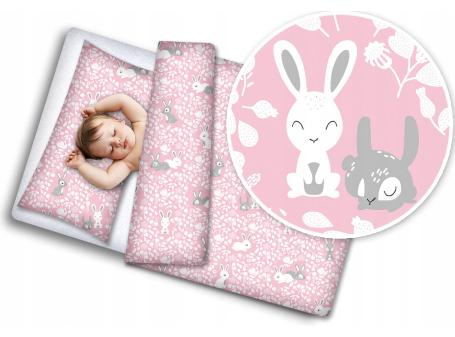 Dětské bavlněné povlečení do postýlky 135x100 cm BABYMAM PREMIUM - Růžoví králíčci