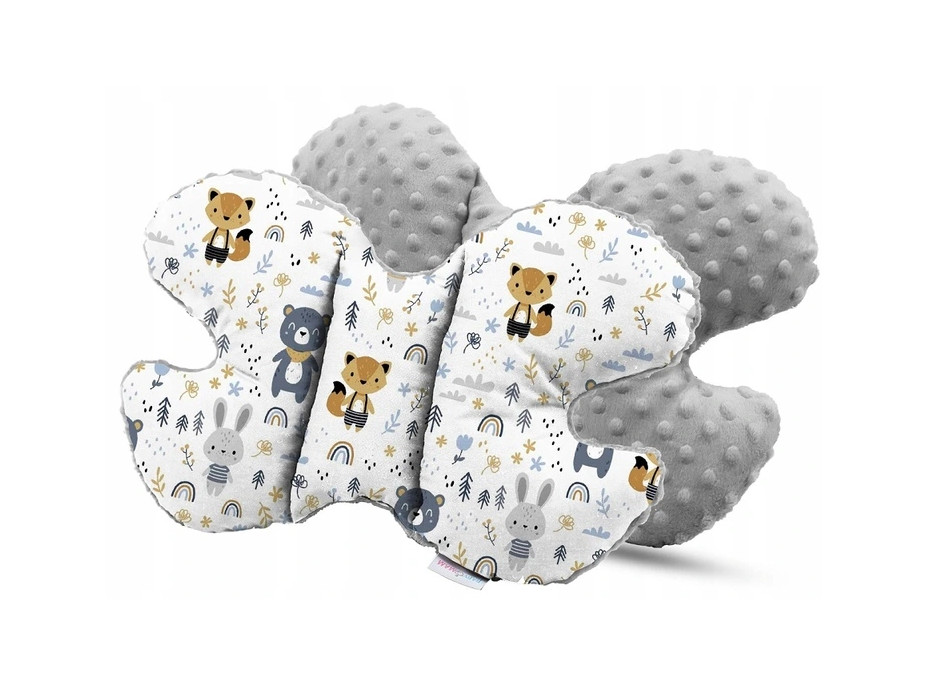 Dětská deka do kočárku s polštářkem a motýlkem - BABYMAM PREMIUM set 3v1 - Lesní zvířátka s šedou minky