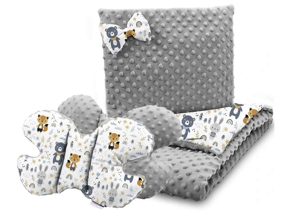 Dětská deka do kočárku s polštářkem a motýlkem - BABYMAM PREMIUM set 3v1 - Lesní zvířátka s šedou minky