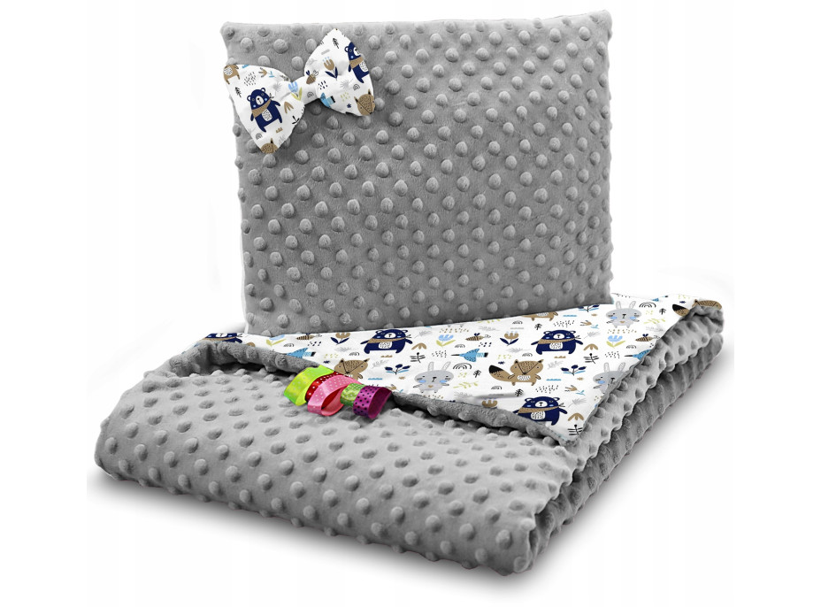 Dětská deka do kočárku s polštářkem a motýlkem - BABYMAM PREMIUM set 3v1 - Boho zvířátka s šedou minky