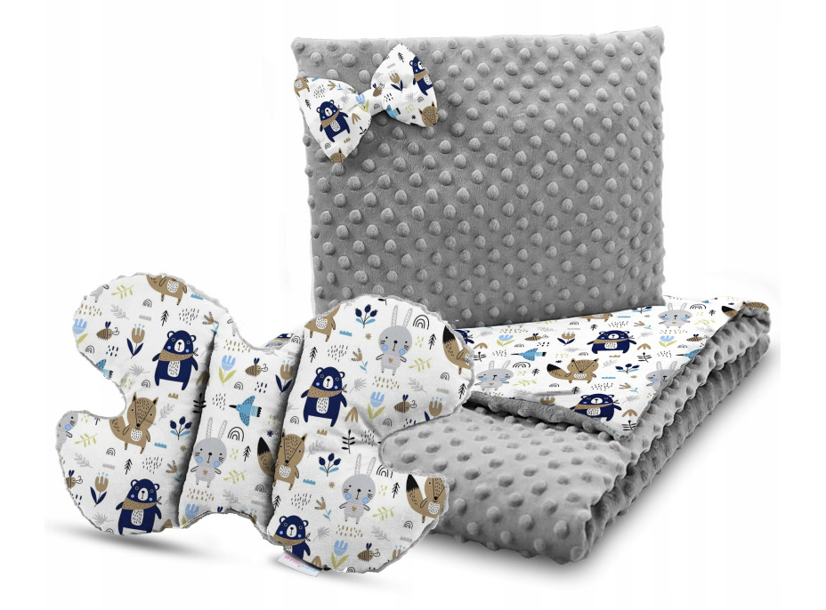 Dětská deka do kočárku s polštářkem a motýlkem - BABYMAM PREMIUM set 3v1 - Boho zvířátka s šedou minky