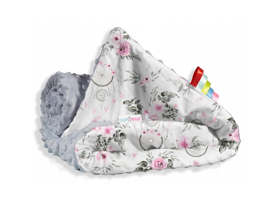 Dětská deka do kočárku s polštářkem a motýlkem - BABYMAM PREMIUM set 3v1 - Lapače snů a květy s šedou minky