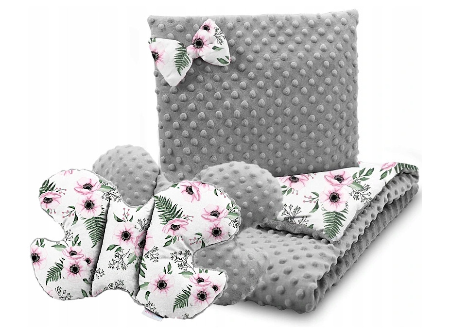Dětská deka do kočárku s polštářkem a motýlkem - BABYMAM PREMIUM set 3v1 - Makové květy s šedou minky