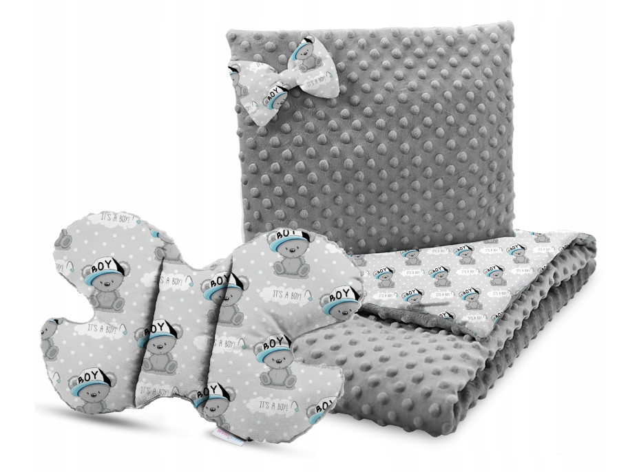 Dětská deka do kočárku s polštářkem a motýlkem - BABYMAM PREMIUM set 3v1 - Medvídek Little boy s šedou minky