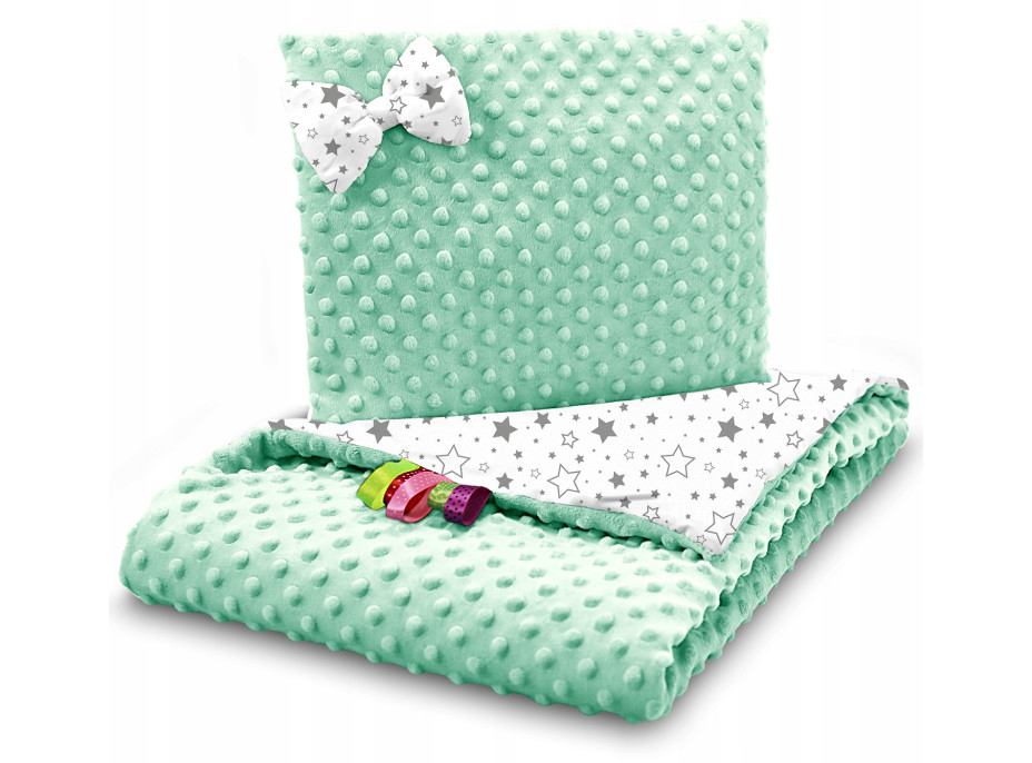 Dětská deka do kočárku s polštářkem a motýlkem - BABYMAM PREMIUM set 3v1 - Mléčná dráha s mátovou minky