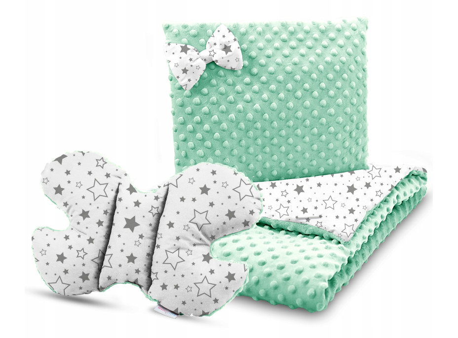 Dětská deka do kočárku s polštářkem a motýlkem - BABYMAM PREMIUM set 3v1 - Mléčná dráha s mátovou minky