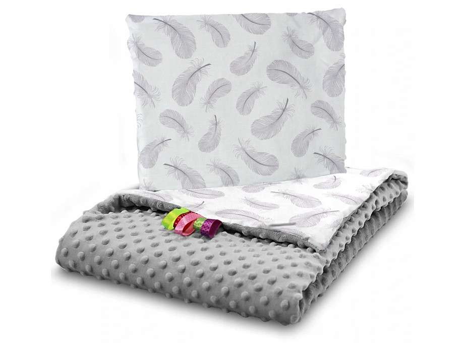 Dětská deka do kočárku s polštářkem a motýlkem - BABYMAM PREMIUM set 3v1 - Peříčka s šedou minky