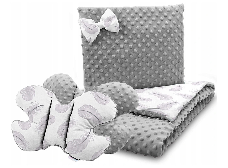 Dětská deka do kočárku s polštářkem a motýlkem - BABYMAM PREMIUM set 3v1 - Peříčka s šedou minky