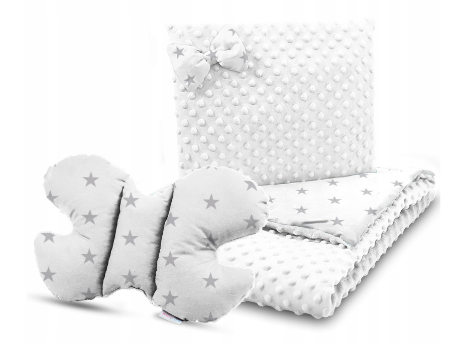 Dětská deka do kočárku s polštářkem a motýlkem - BABYMAM PREMIUM set 3v1 - Šedé hvězdičky s bílou minky