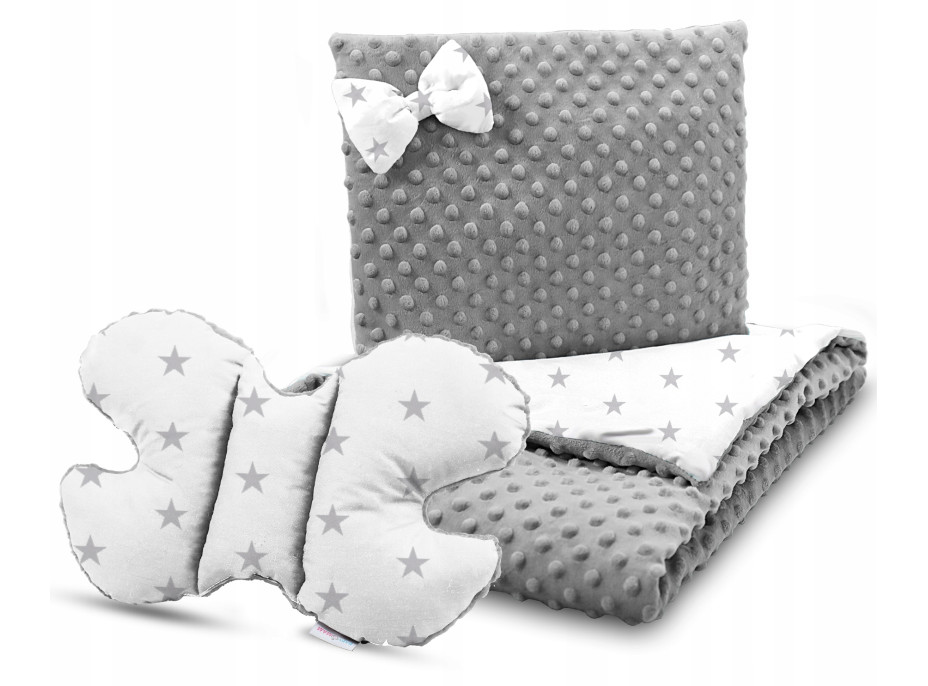 Dětská deka do kočárku s polštářkem a motýlkem - BABYMAM PREMIUM set 3v1 - Šedé hvězdičky s šedou minky