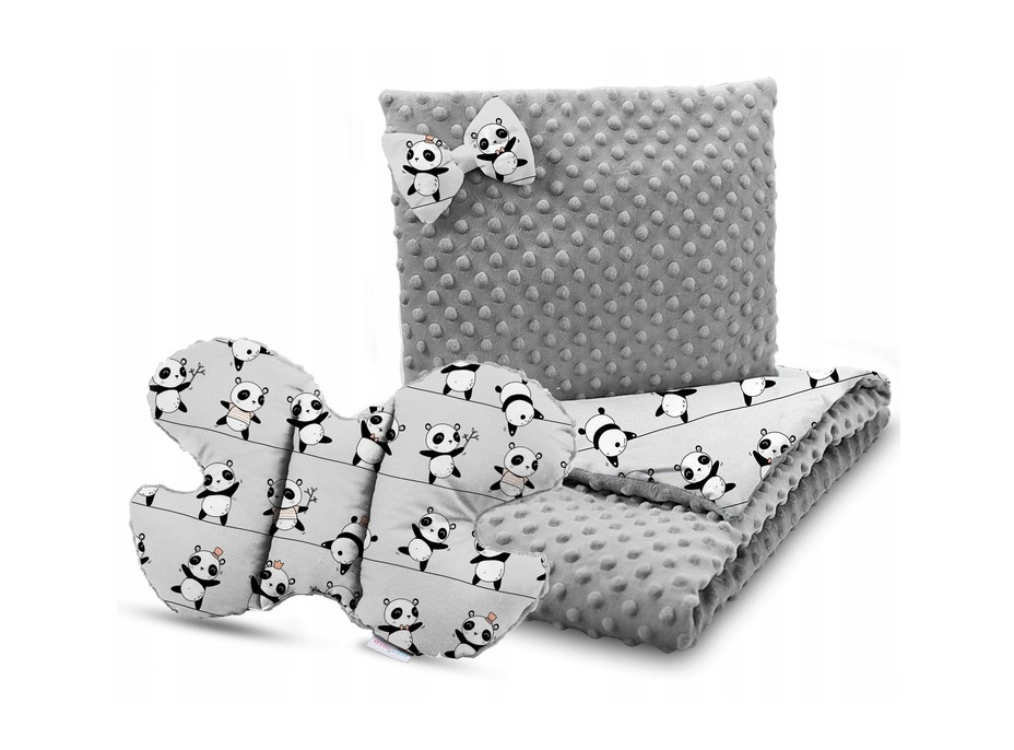 Dětská deka do kočárku s polštářkem a motýlkem - BABYMAM PREMIUM set 3v1 - Veselé pandy s šedou minky