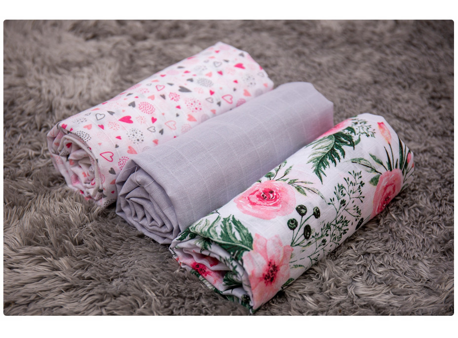 Dětské mušelínové pleny BABYMAM PREMIUM 70x75 cm - sada 3 ks - Květy a srdíčka