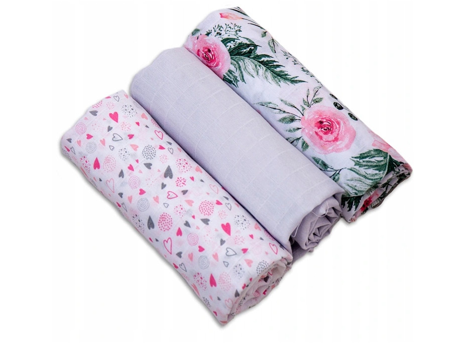 Dětské mušelínové pleny BABYMAM PREMIUM 70x75 cm - sada 3 ks - Květy a srdíčka