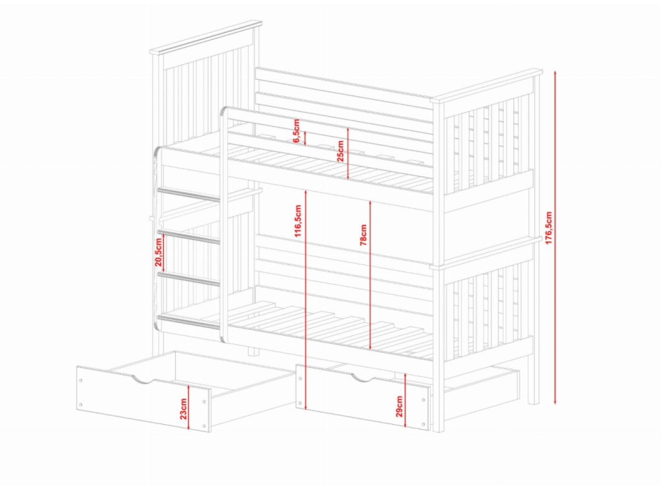 Dětská patrová postel z masivu borovice BORIS se šuplíky 200x90 cm - přírodní