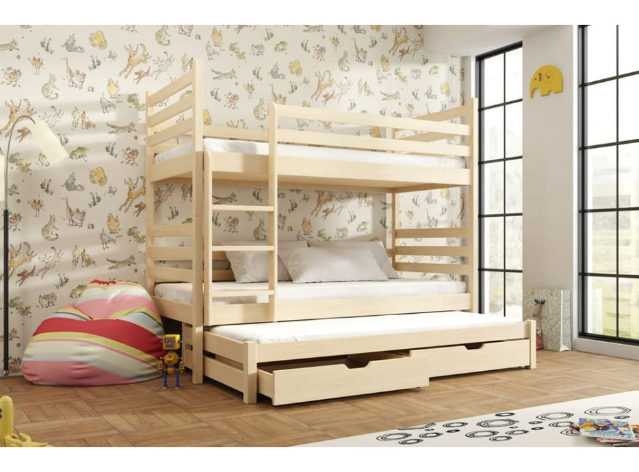 Dětská patrová postel z masivu borovice TEODOR s přistýlkou a šuplíky - 200x90 cm - přírodní