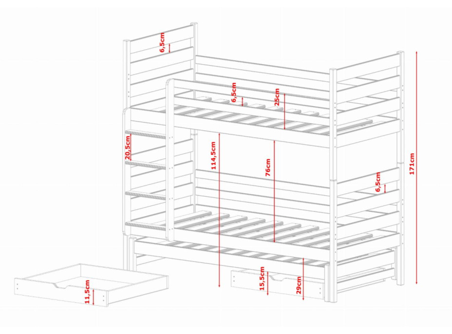 Dětská patrová postel z masivu borovice TEODOR s přistýlkou a šuplíky - 200x90 cm - přírodní