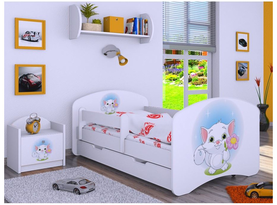 Dětská postel se šuplíkem 180x90cm KOČIČKA S KYTIČKOU - bílá