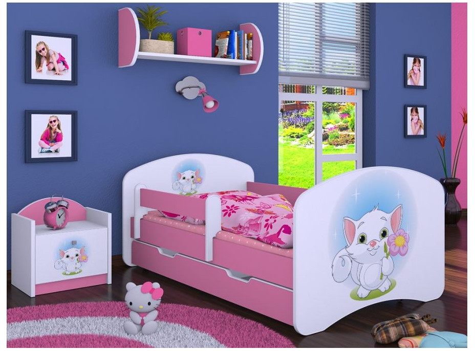 Dětská postel se šuplíkem 160x80cm KOČIČKA S KYTIČKOU - růžová
