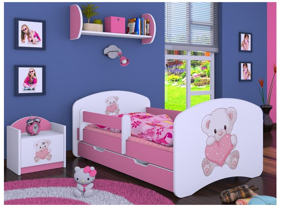 Dětská postel se šuplíkem 180x90cm MEDVÍDEK SE SRDÍČKEM - růžová