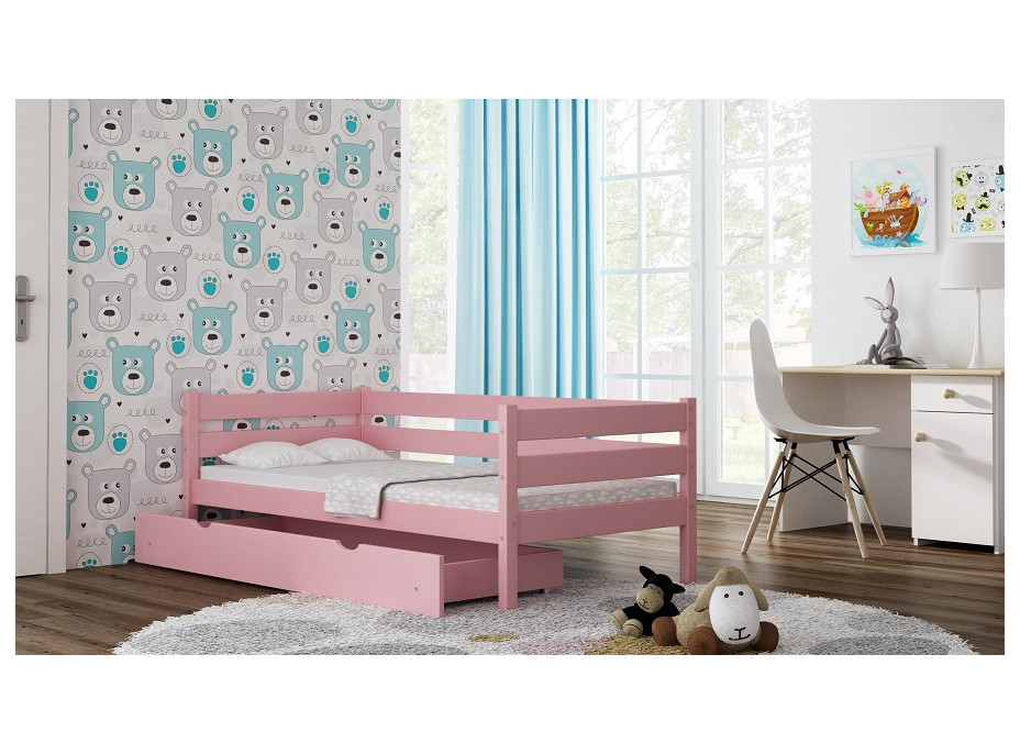 Dětská postel z masivu KARAS 2 - 180x90 cm - šedá + odnímatelná zábrana + dva menší šuplíky na kolečkách