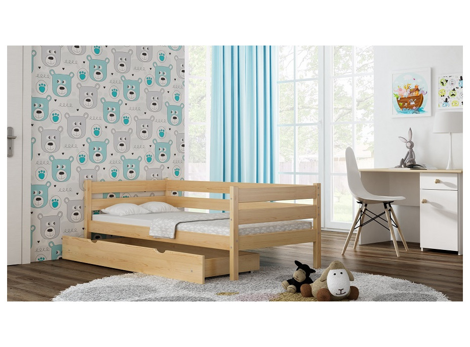 Dětská postel z masivu KARAS 2 - 180x90 cm - šedá + odnímatelná zábrana + dva menší šuplíky na kolečkách