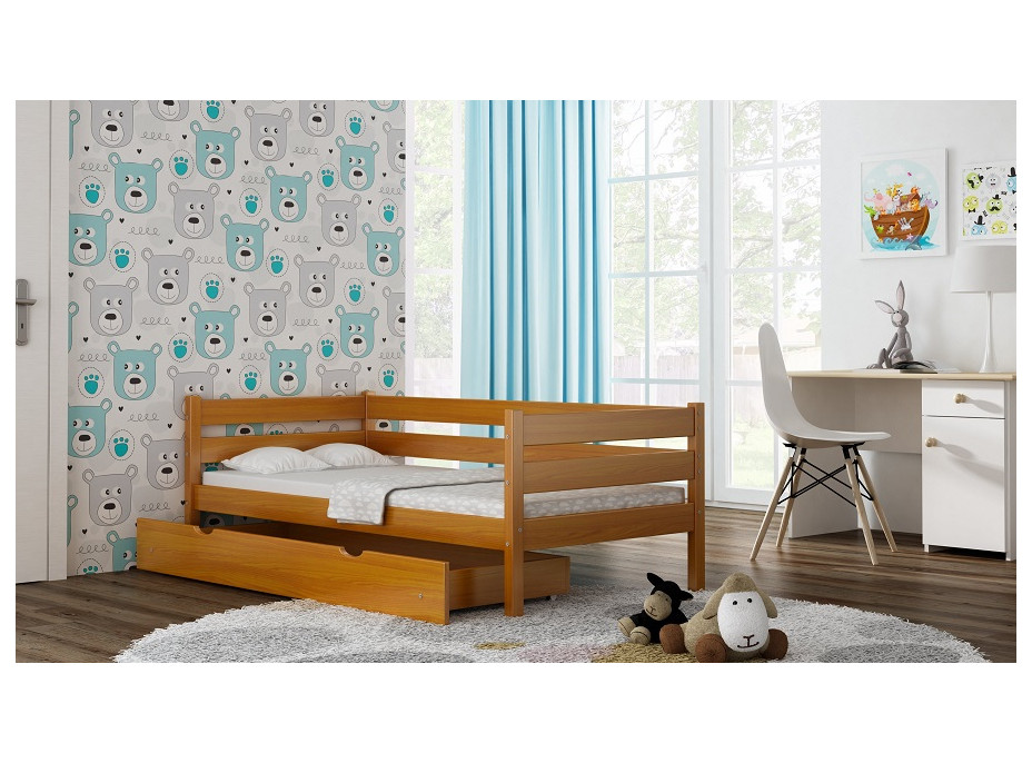 Dětská postel z masivu KARAS 2 - 180x90 cm - šedá + odnímatelná zábrana + dva menší šuplíky na kolečkách