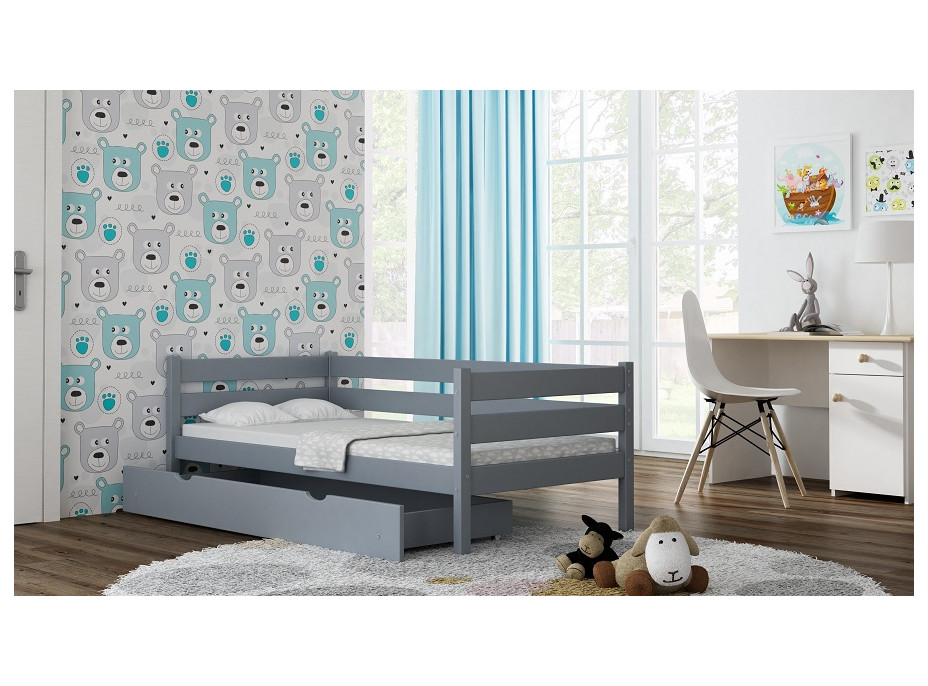 Dětská postel z masivu KARAS 2 - 180x90 cm - šedá + odnímatelná zábrana + dva menší šuplíky na kolečkách