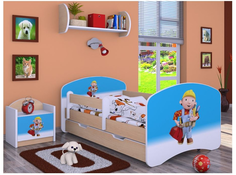Dětská postel se šuplíkem 180x90cm BOŘEK STAVITEL - světlá hruška