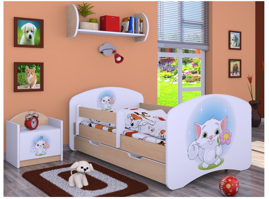 Dětská postel se šuplíkem 180x90cm KOČIČKA S KYTIČKOU - světlá hruška