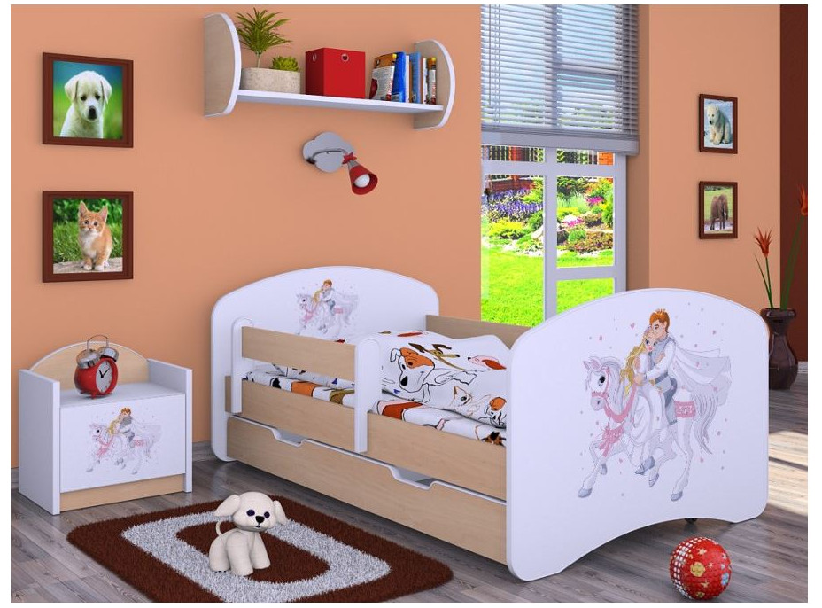 Dětská postel se šuplíkem 180x90cm PRINC NA BÍLÉM KONI - světlá hruška