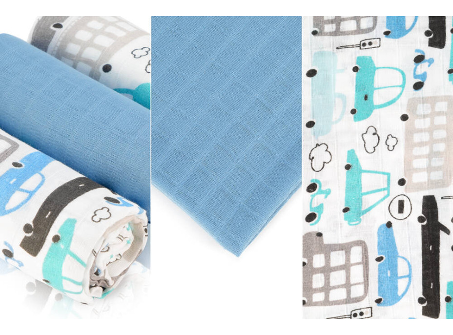 Dětské mušelínové pleny BABY 70x80 cm - sada 3 ks - Autíčka