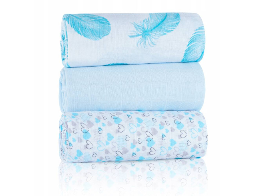 Dětské mušelínové pleny BABY 70x80 cm - sada 3 ks - Modré lístky a srdíčka