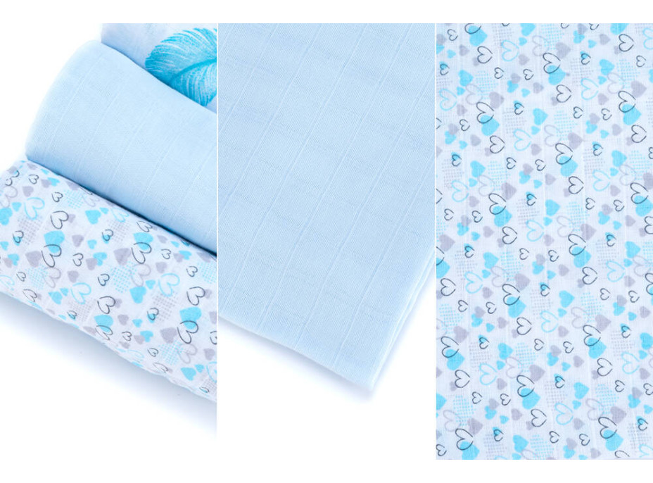 Dětské mušelínové pleny BABY 70x80 cm - sada 3 ks - Modré lístky a srdíčka